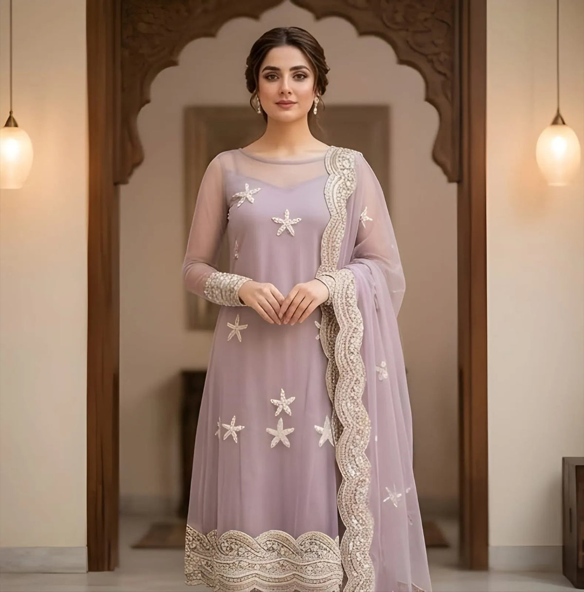 Long Maxi With Dupatta Trouser Net Cut Dana