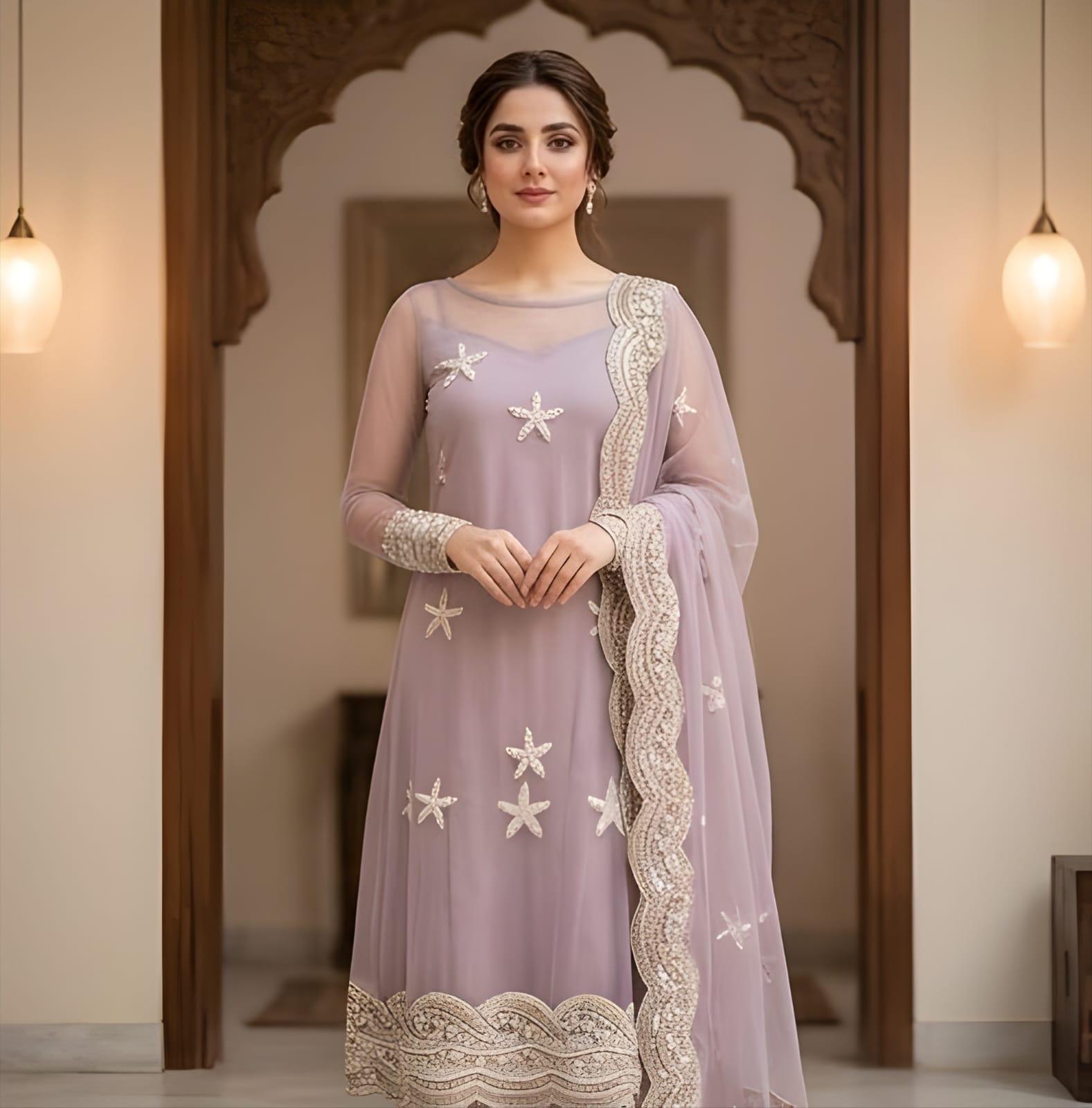 Long Maxi With Dupatta Trouser Net Cut Dana