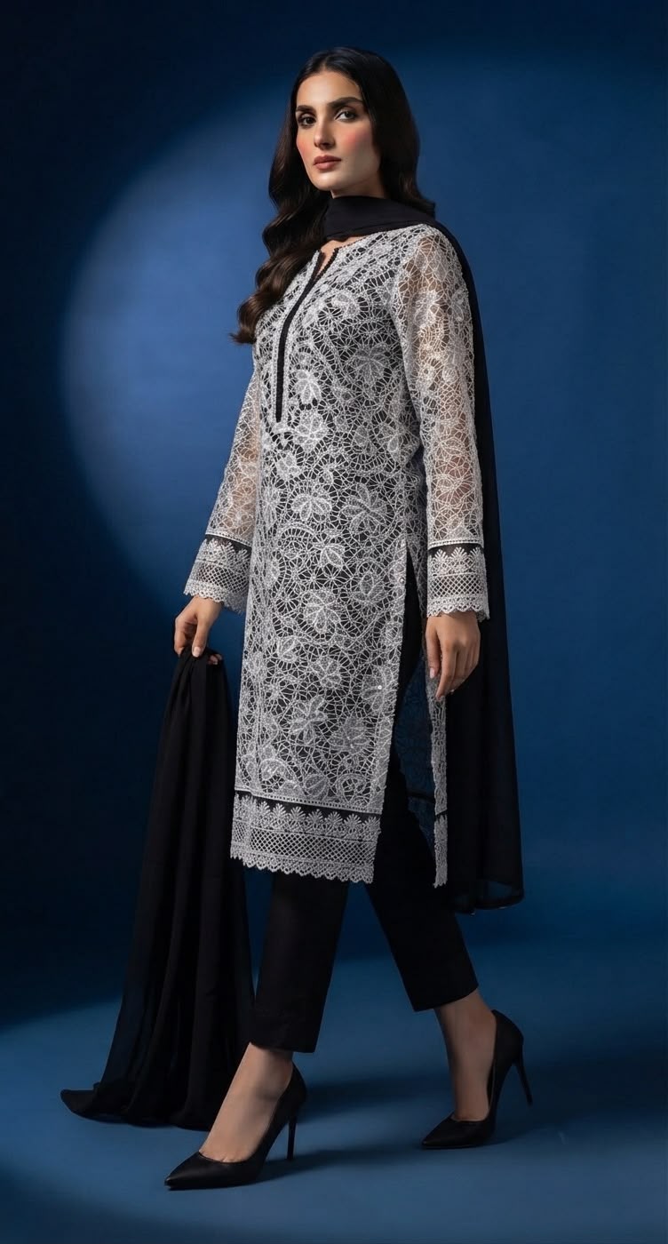 3-Piece Long Shirt – Cut Work