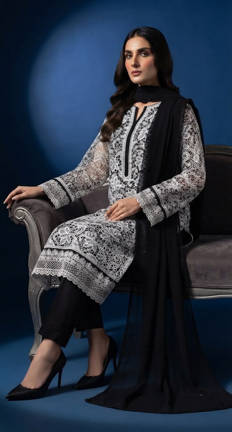 3-Piece Long Shirt – Cut Work