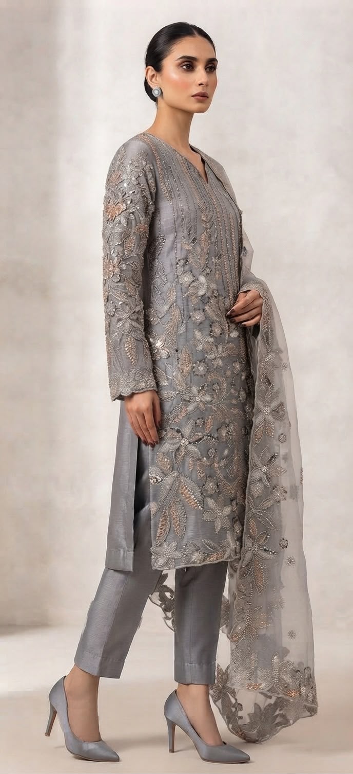 Crinkle Silk Cut Dana 3-Piece Grey Dress