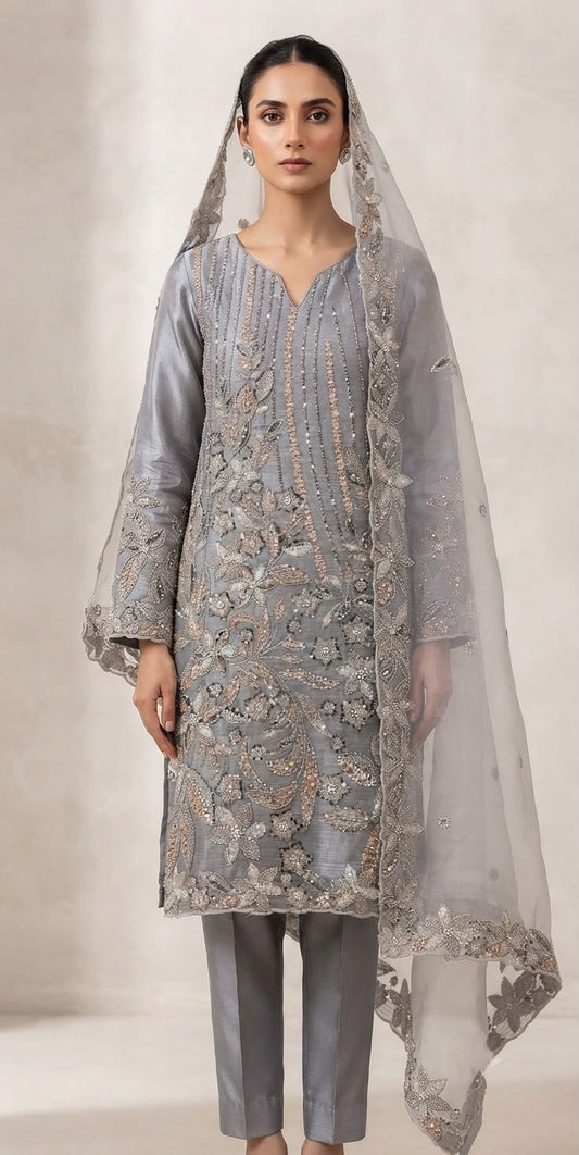 Crinkle Silk Cut Dana 3-Piece Grey Dress
