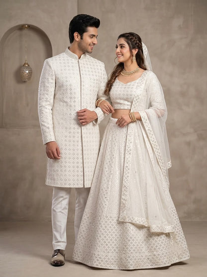 Elegance – Men’s Sherwani Women’s Raw Silk Lehenga Pair